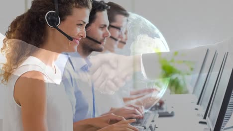 Woman-working-in-Callcenter-and-handshake-with-planet-earth-background