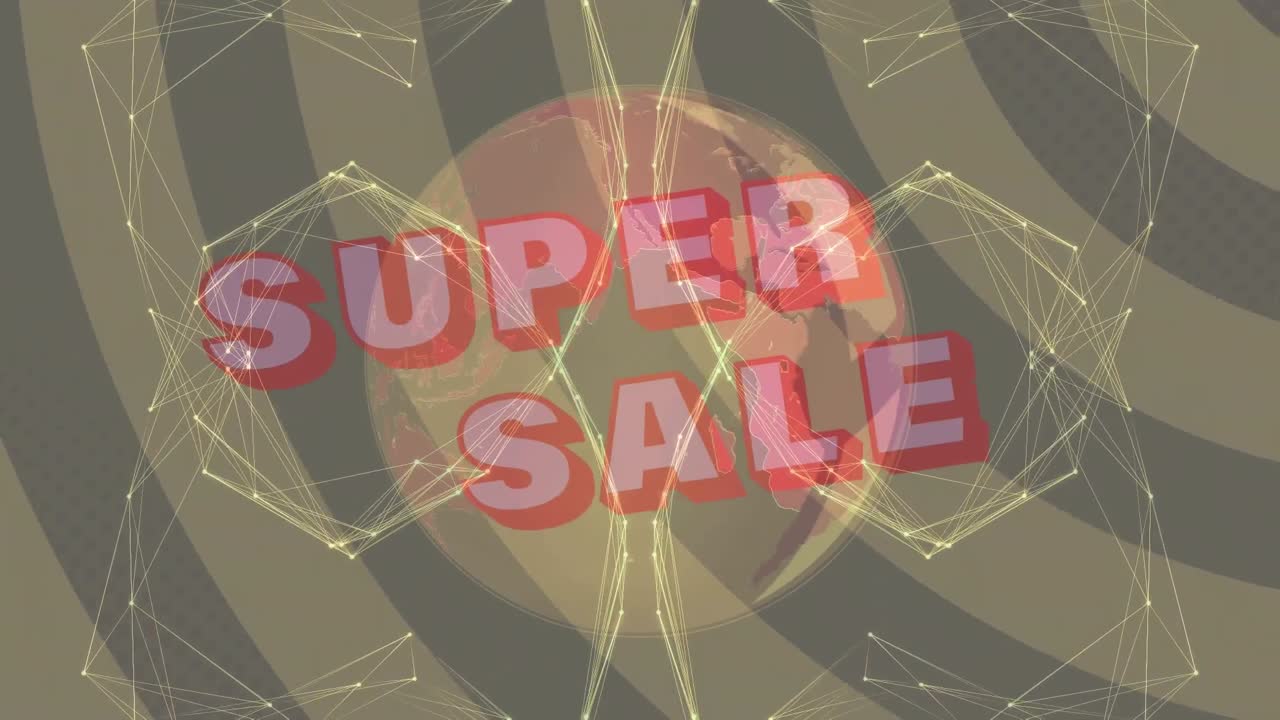 텍스트의 애니메이션 슈퍼 판매, 연결의 네트워크와 글로브, 회색 줄무 ⁇  배경에