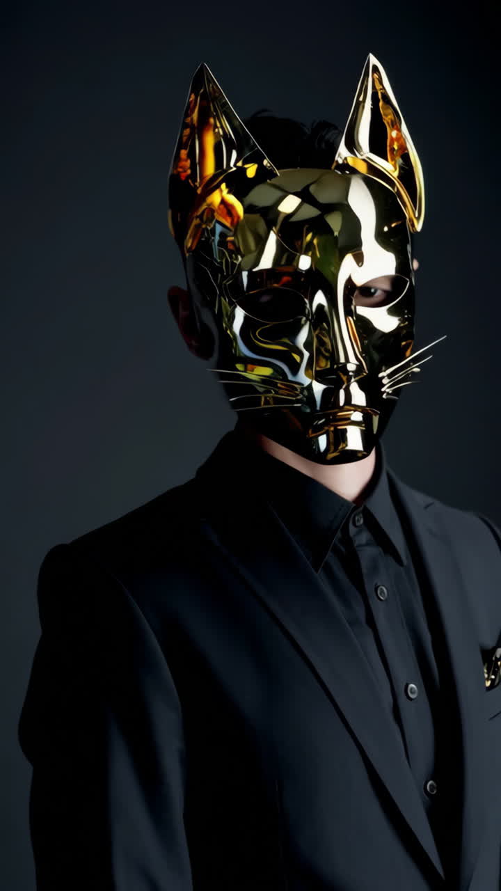Man Wearing a Gold Cat Mask