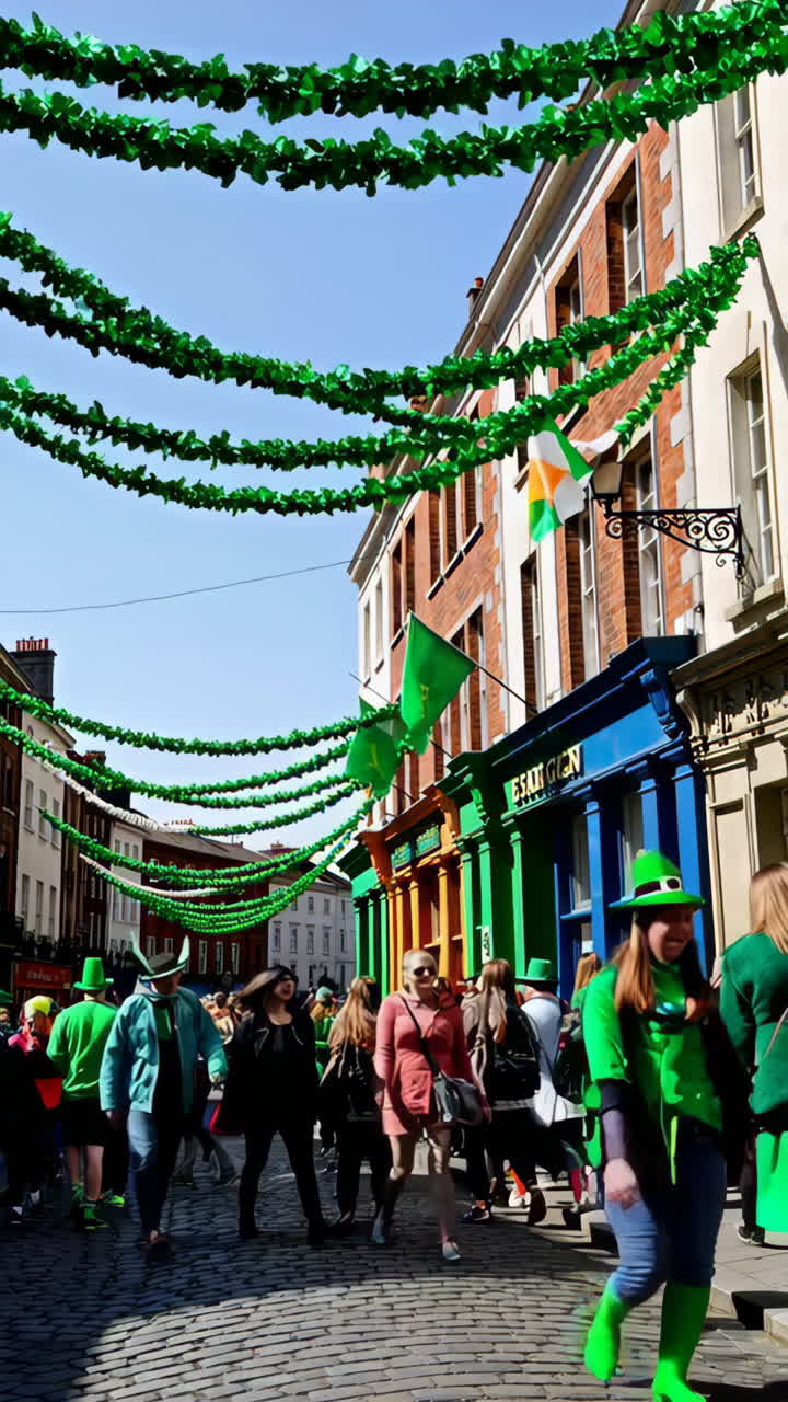 A Lively St. Patrick's Day Celebration on a Green-Decorated Street