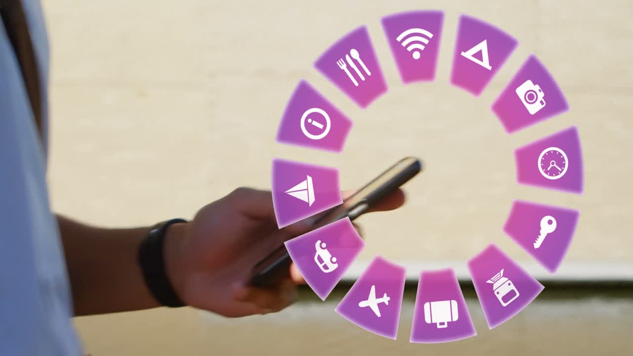 animación de iconos de viajes y hombre caucásico usando teléfono inteligente en el fondo