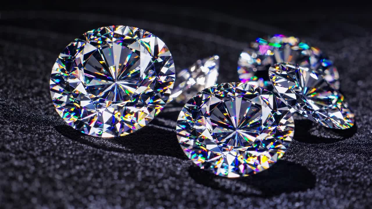 Close-up video angle of sparkling diamonds on a textured surface, showcasing brilliance and luxury
