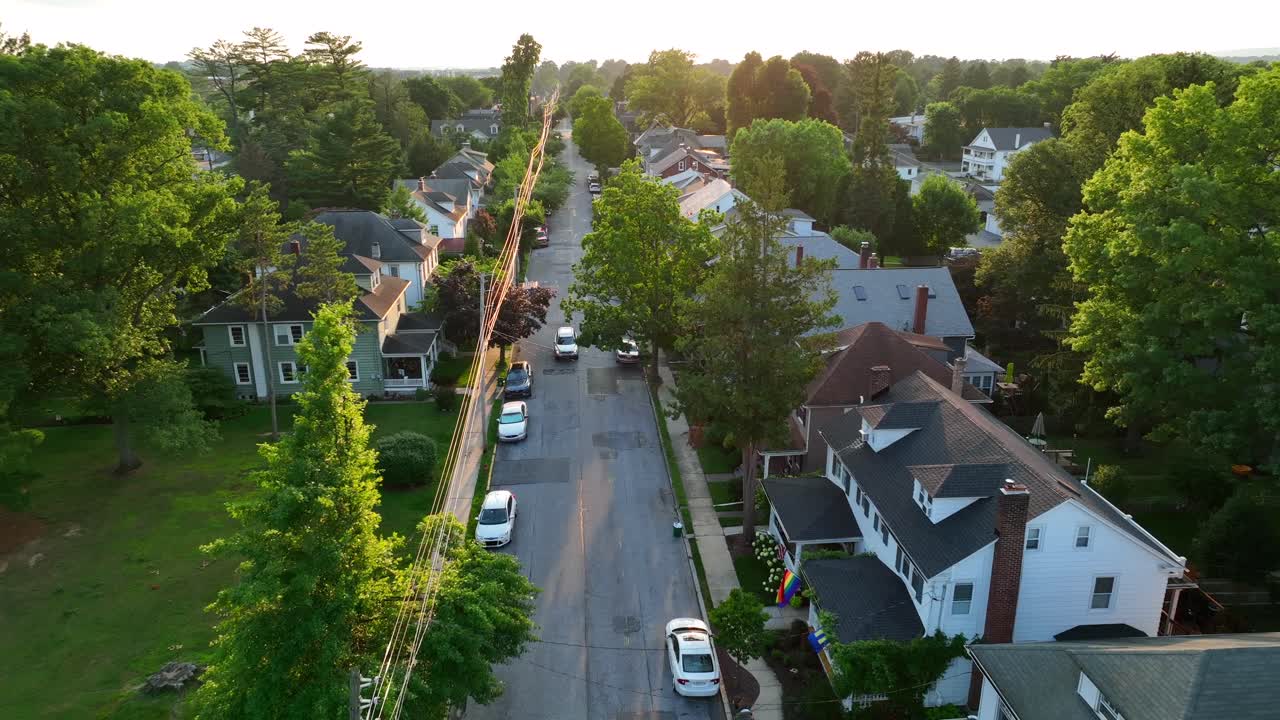 Wide aerial shot of suburb town in the evening