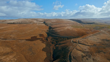 aerial drone, cinematic footage of a valley with 3 lakes reservoirs, piethorn, kittcliffe and ogden reservoir, oldham, uk
