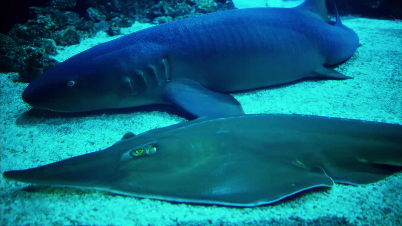 Close up of Rhinobatos fish and a Nurse shark in the water