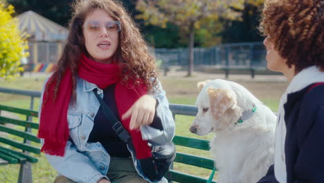 two women petting dogs and chatting on bench in public park