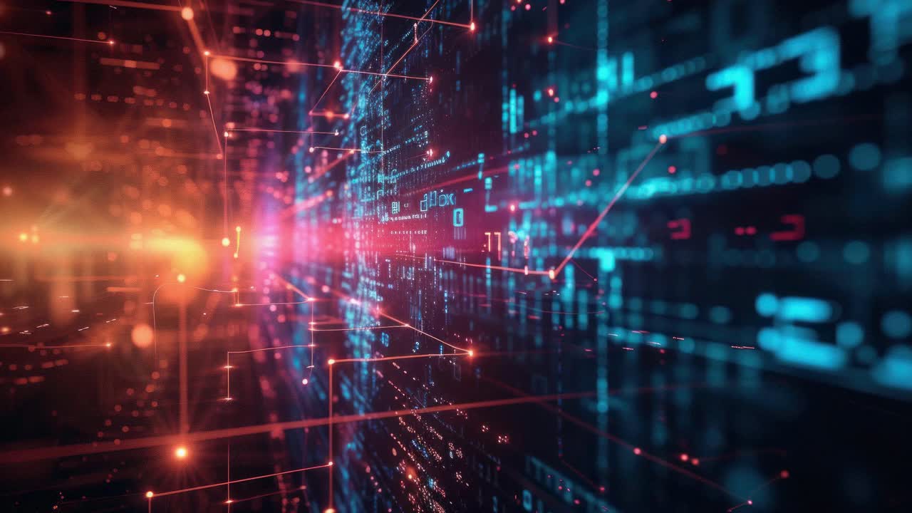 Futuristic digital landscape with glowing data streams, captured from a dynamic low-angle
