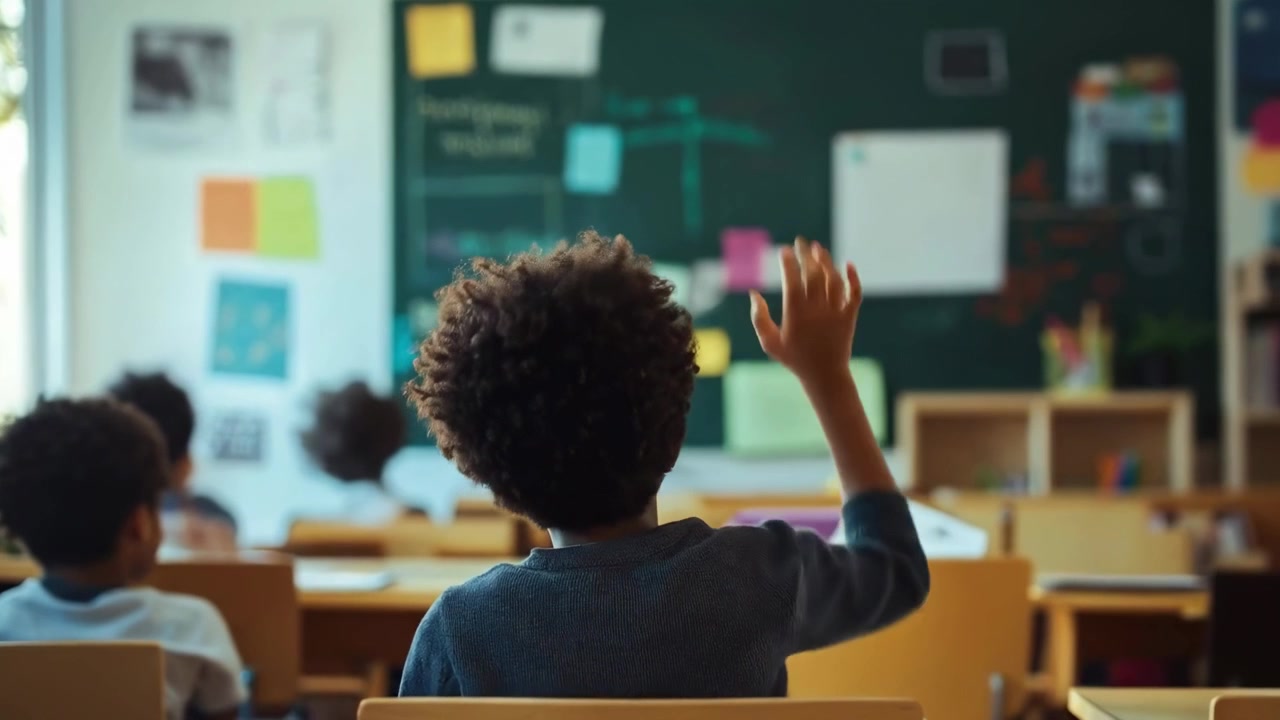 Young Boy Raises Hand to Answer Question in Classroom