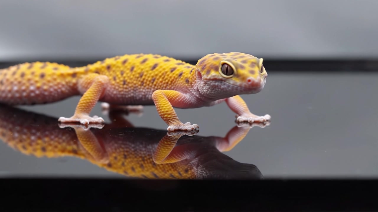 Captivating Close-Up of a Stunning Leopard Gecko Showcasing Its Vibrant Colors and Unique Patterns on a Reflective Surface