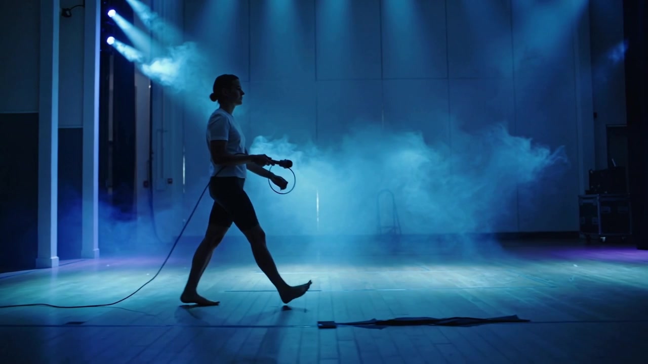 Uomo che avanza, a piedi nudi, con una maglietta bianca, trasportando un cavo arrotolato, mentre attraversa il palco per l'allestimento, in una nebbia blu