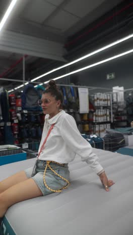 woman sitting on an air mattress in a camping store