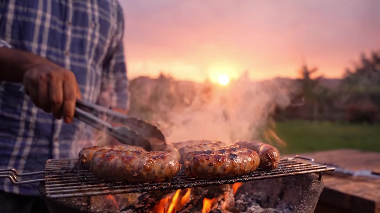 Una Squisita Grigliata: Salsicce Succulente Grigliate al Crepuscolo, Catturando l'Essenza della Gioia Culinaria all'Aperto Mentre il Sole Tramonta sullo Sfondo