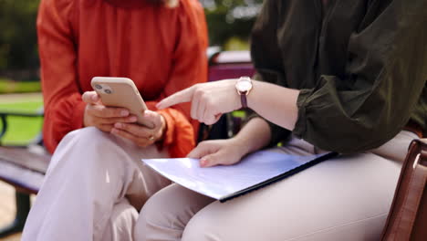 business, closeup and women on a bench