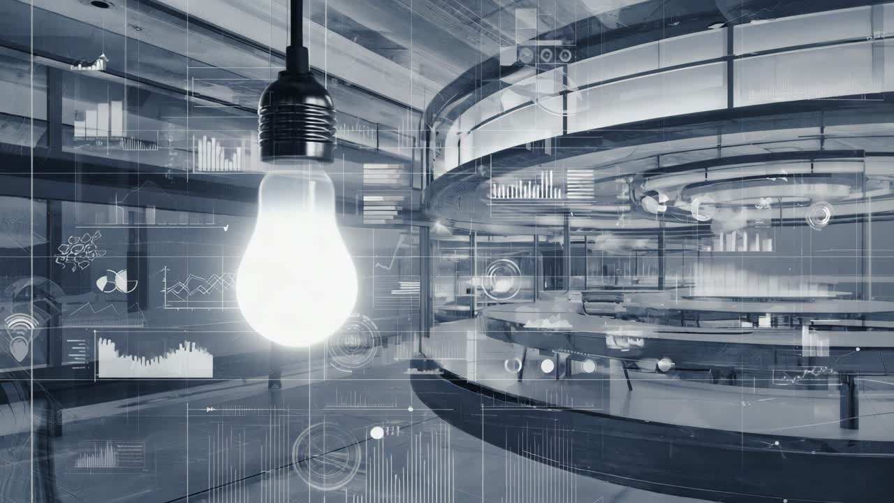 Innovation and Data Technology Concept with Digital Overlays and Light Bulb