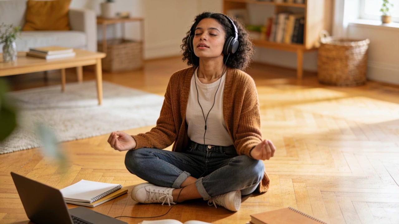 Seorang wanita berkardigan memakai headphone, menghentikan pekerjaannya, dan bermeditasi di lantai ruang tamu dengan laptop.