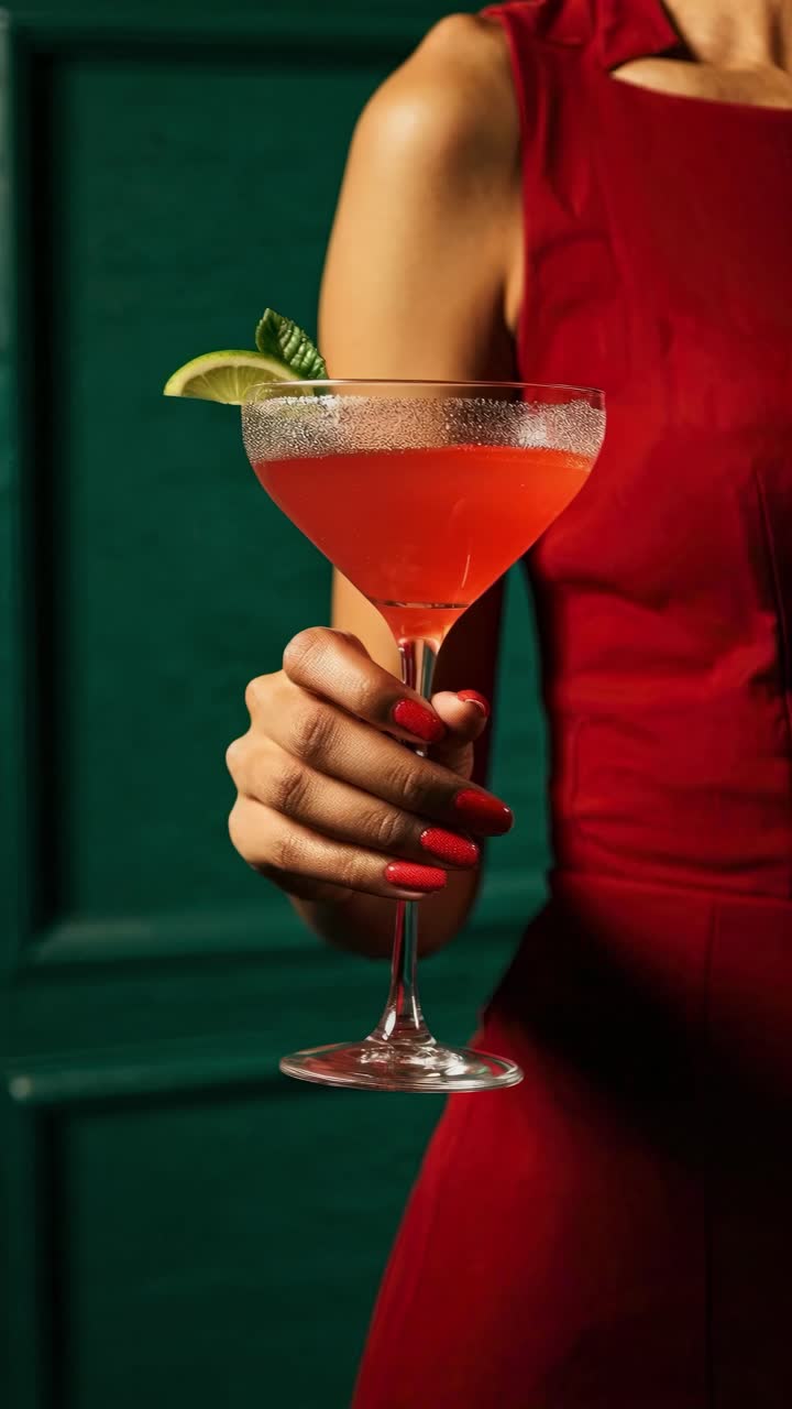 Elegante vídeo de cóctel con un ángulo de cámara en primer plano. Una persona con un vestido rojo sostiene una bebida vibrante
