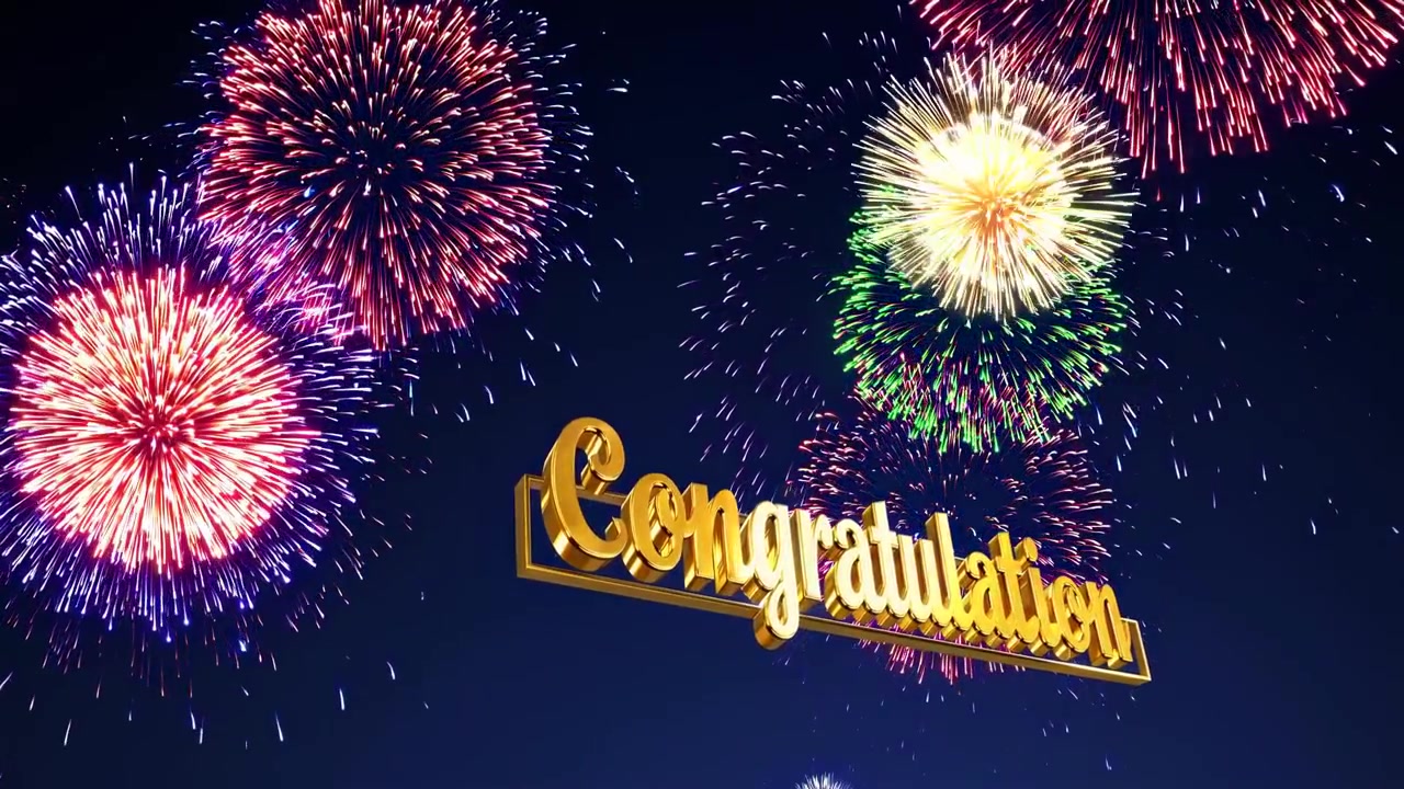 Animated Golden Congratulation Message with Festive Fireworks