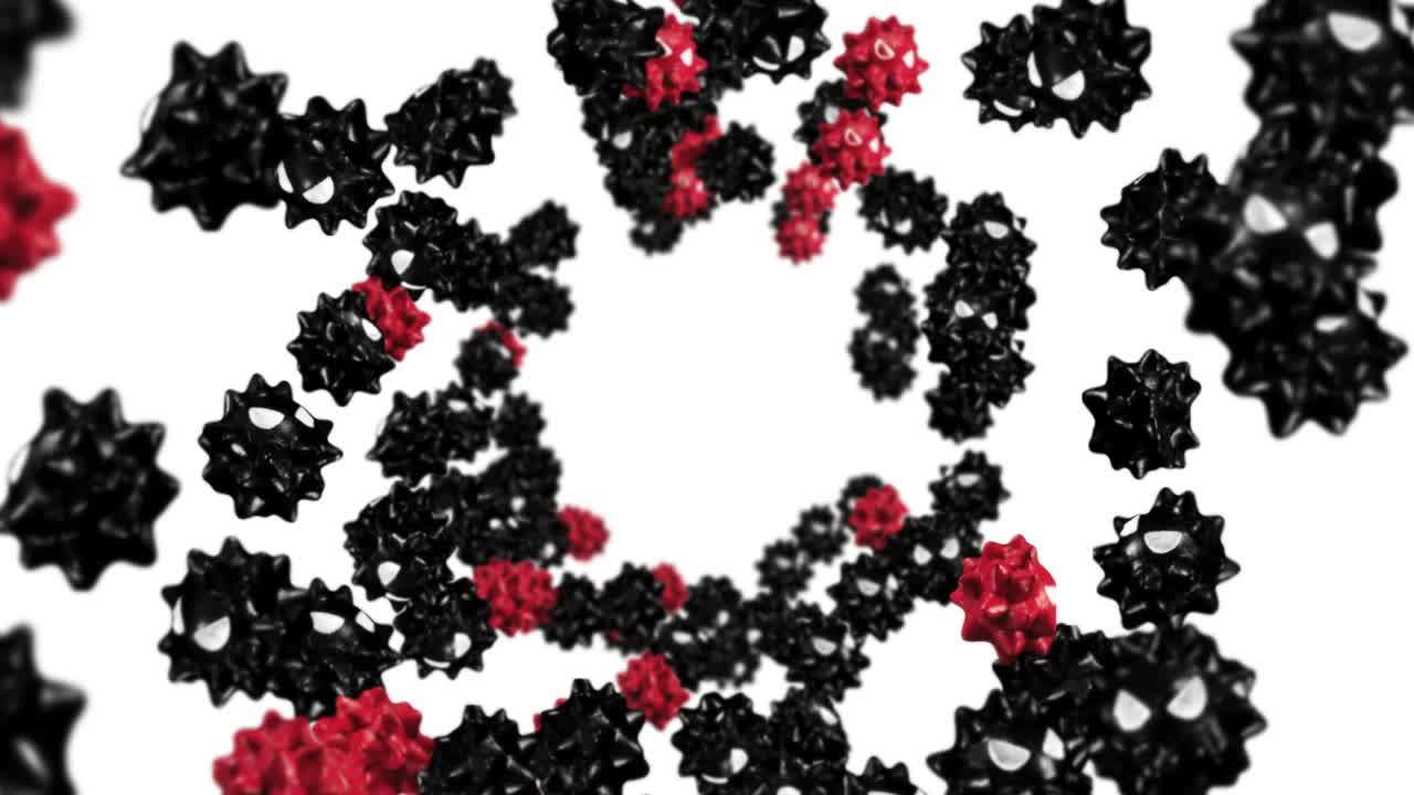 volando muchos virus en personaje de dibujos animados. rojo y negro. nueva cepa. variante. concepto médico. mascota de virus con enojado. animación de bucle 3d.