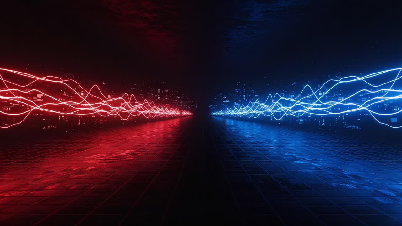 Dynamic Visual Representation of Contrasting Red and Blue Waveforms in a Futuristic Digital Environment, Highlighting the Interaction Between Color and Light