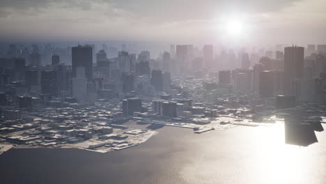 skyline aerial view at sunset with skyscrapers