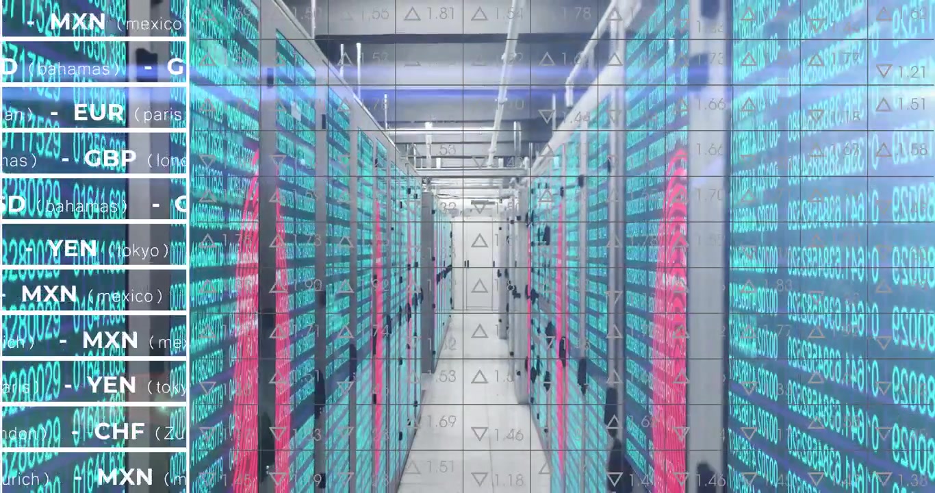 Server racks lining data center aisle being animated with floating financial symbols in flat design
