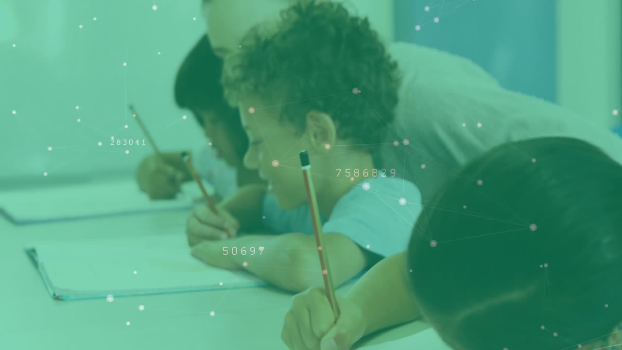Camera opening students writing widening revealing teacher guiding boy's writing for education