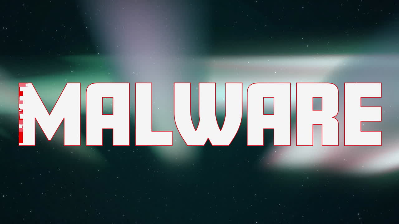 Animation of bold white malware text on abstract green and blue background