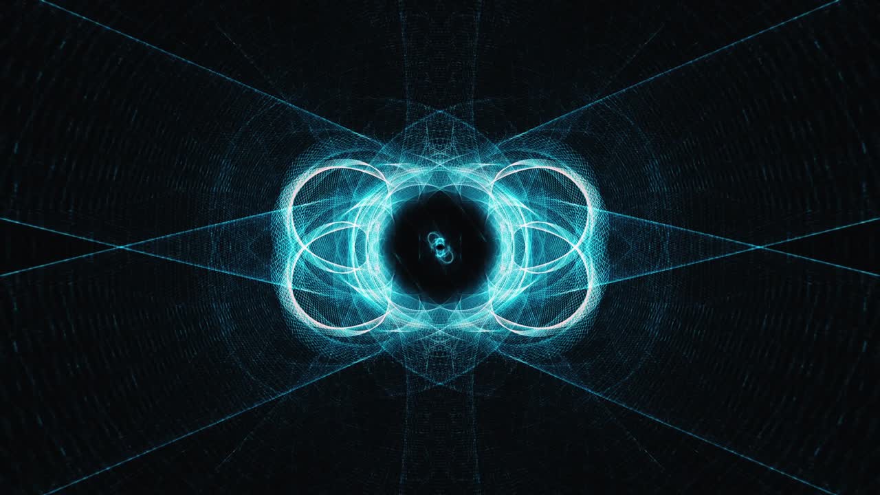 simetría abstracta surrealista ciencia ficción fondo de tecnología futurista con caótico neón azul de color malla de alambre patrón de bucle de animación. 4k 3d renderización de bucle sin costuras fondo decorativo auténtico.