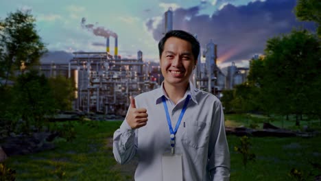 Shot Captures Of An Asian Male Professional Worker Standing In Front Of Oil Refinery, His Broad Smile At The Camera And Thumbs Up