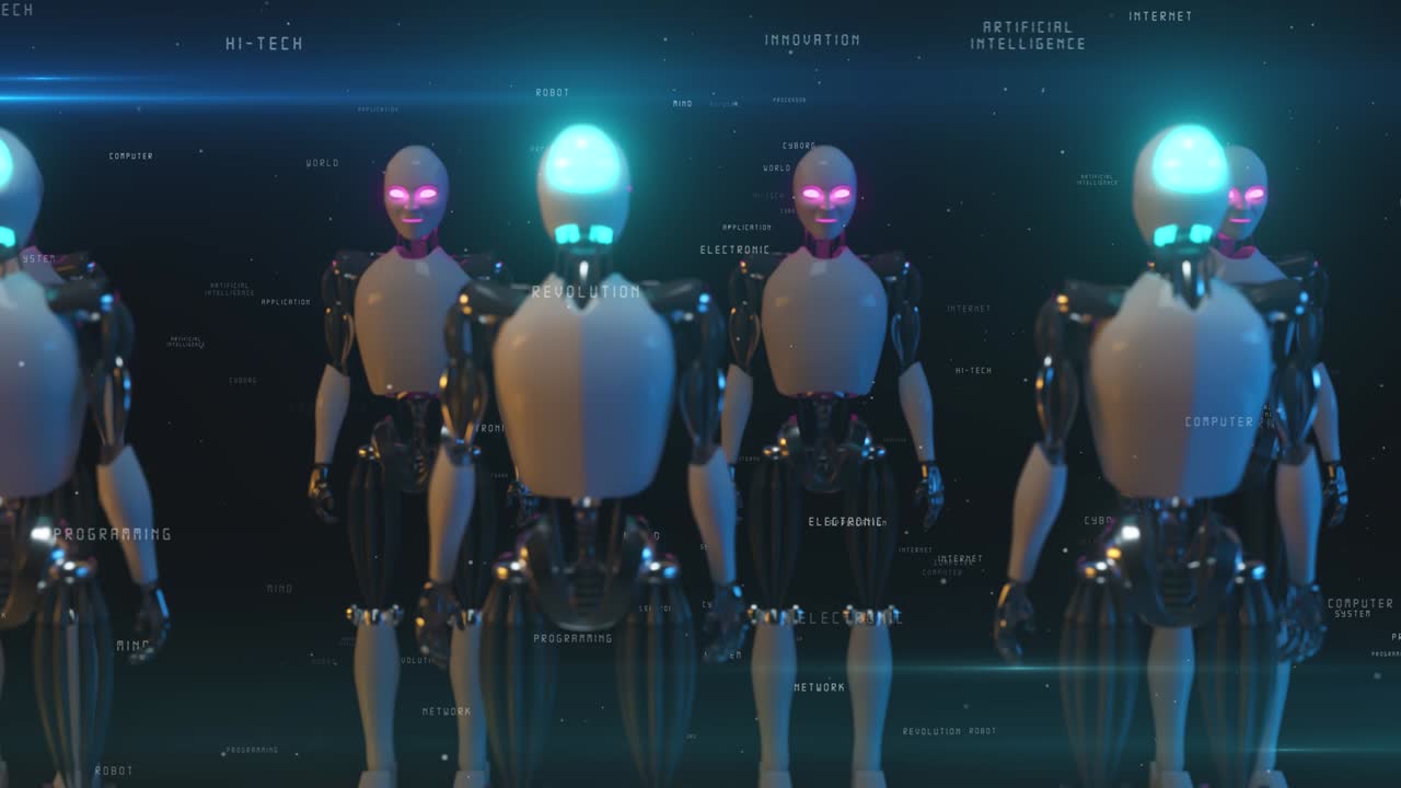un corredor interminable de robots enfrentados entre sí. tecnología futura y concepto de inteligencia artificial. palabras volando por robots. brillo de neón azul y rosa. bucle sin costuras 3d render