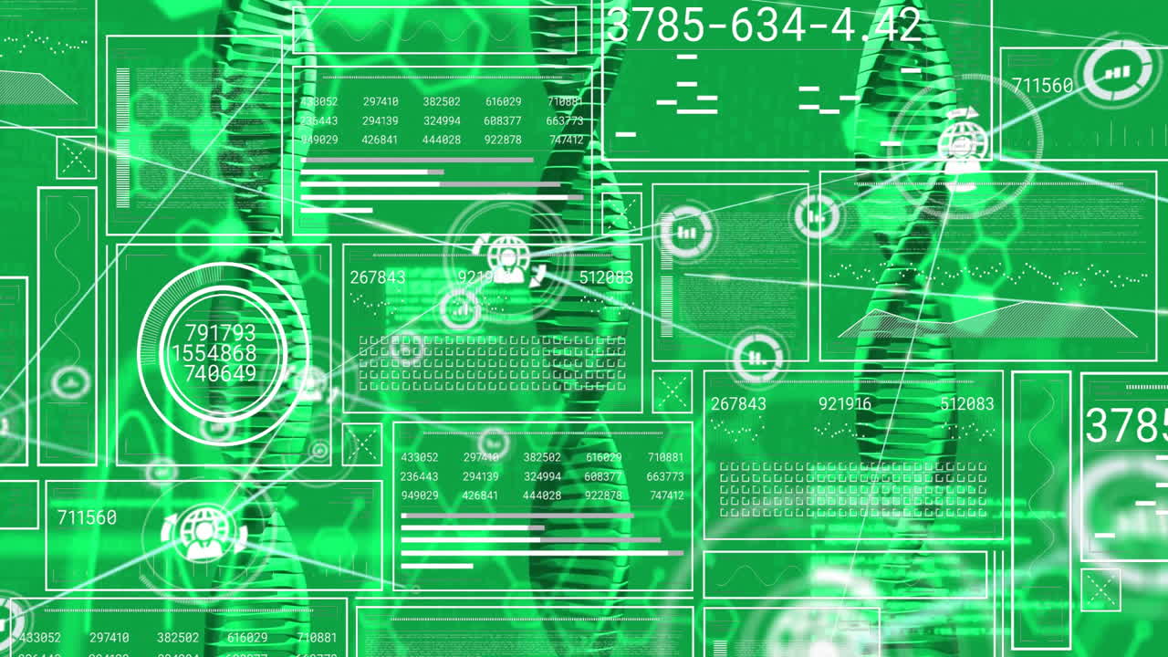 Animation of digital data processing with network connections on green background