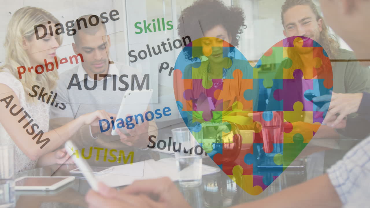 다채로운 퍼즐 조각의 애니메이션, 전자 장치로 비즈니스 동료에 대한 자폐증 텍스트