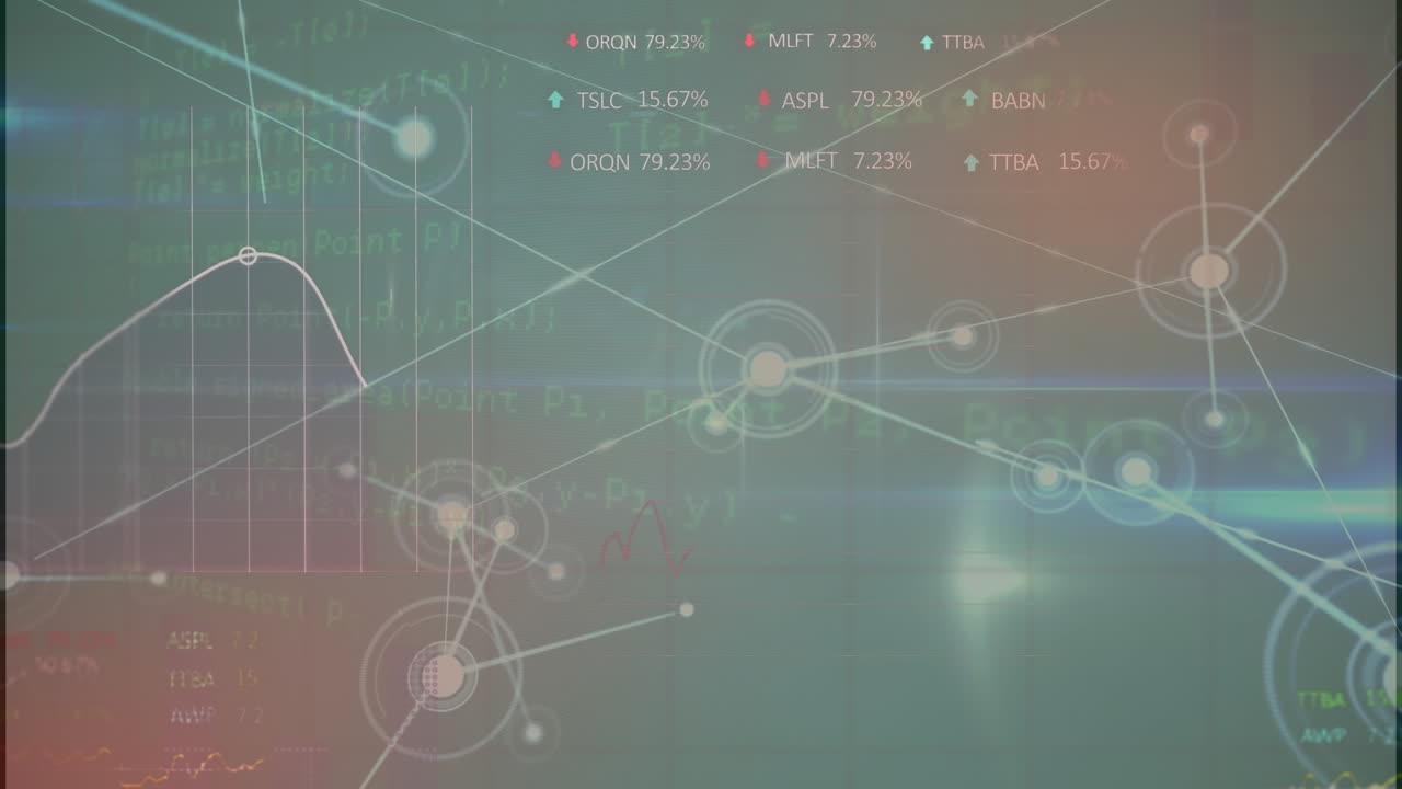 연결 네트워크의 애니메이션과 회색 배경에 대한 증권 시장 데이터 처리