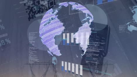 Animación-Del-Procesamiento-De-Datos-Financieros-Y-Globo-Sobre-Terminales-De-Pago-Y-Torres-Eléctricas