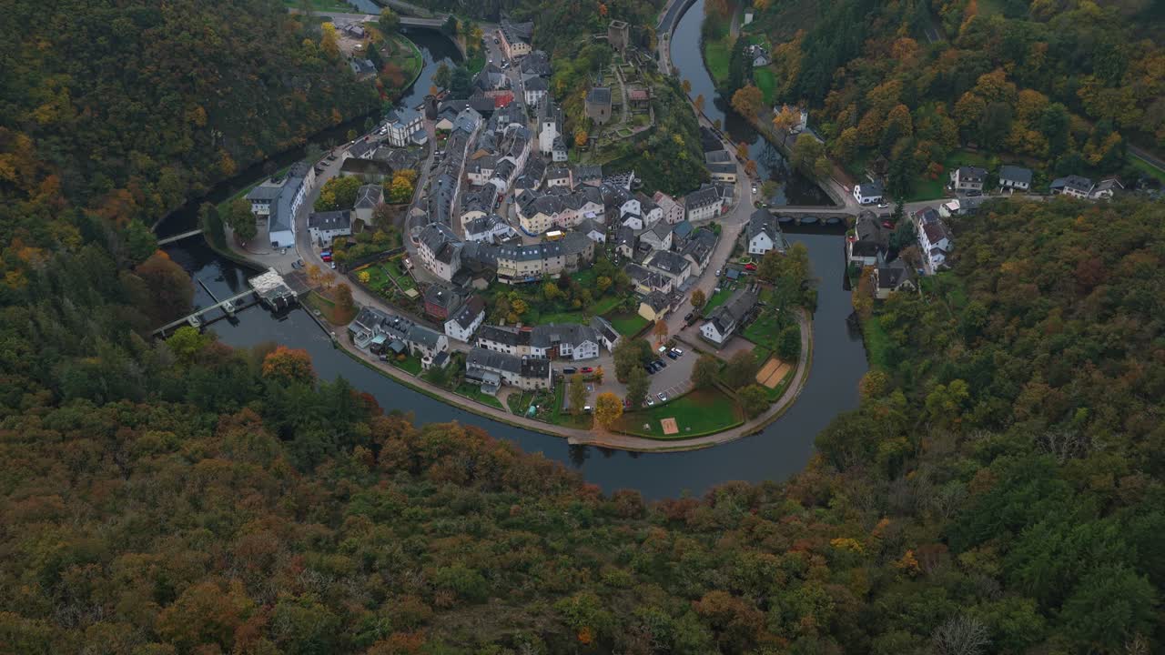 Drone shot over Esch sur Sure, scenic old town in Luxembourg’s north