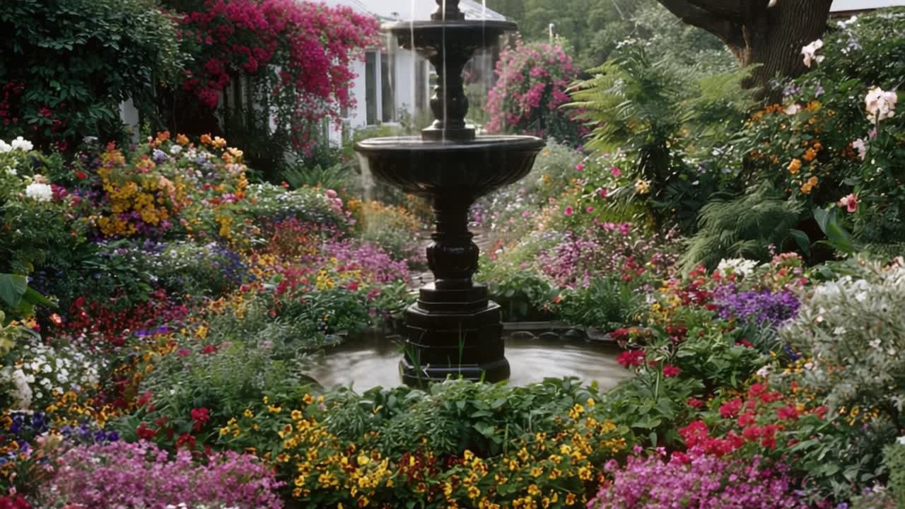 A Serene Garden Oasis Featuring a Majestic Fountain Surrounded by Vibrant Blooms, Creating a Captivating Display of Nature's Beauty in Full Bloom