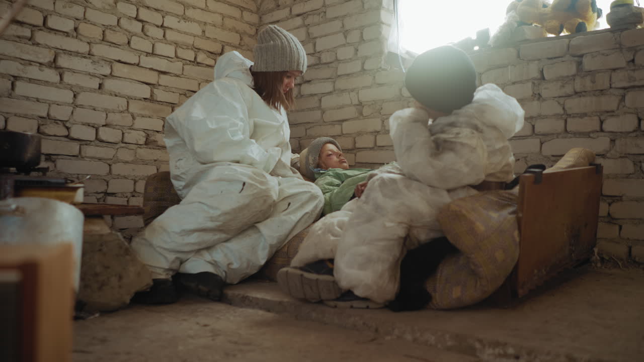 Displaced survivors in protective suits gather around sick child lying on broken bed inside dilapidated shelter with exposed brick walls and minimal supplies, showing care