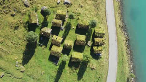 breng seter historical farm houses on the bank of lovatnet glacier lake