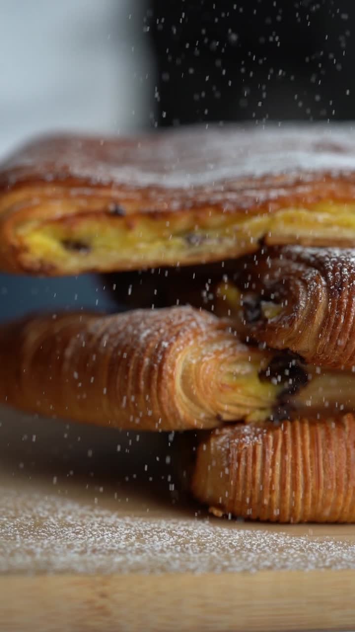 Uno chef aggiunge sale a un croissant ripieno di crema e cioccolato, primo piano, inquadratura d'inserto.