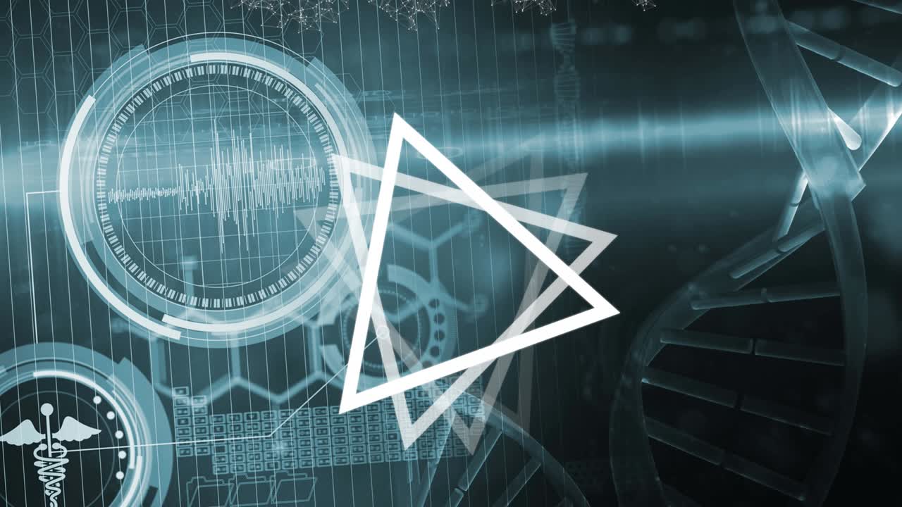 animación de triángulos y hilos de adn girando con procesamiento de datos