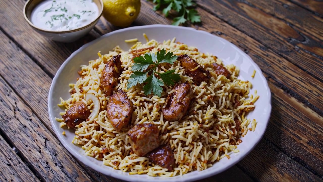 Plate of Chicken Biryani with Yogurt Sauce on Wooden Table