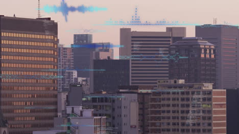 city skyline with digital data processing animation over buildings at dusk