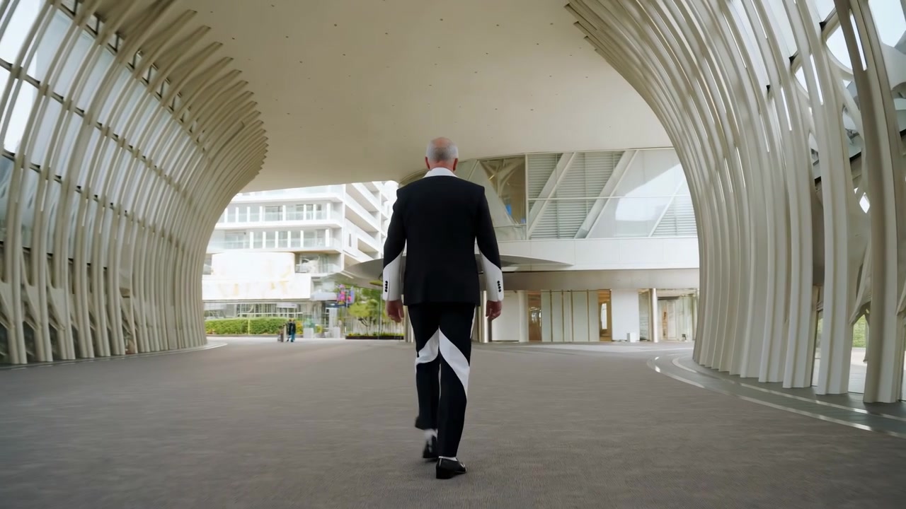 Una vista posteriore segue un uomo dai capelli grigi che avanza costantemente sotto una tettoia curva, con costole strutturali bianche ripetute, pavimentazione aperta, edifici moderni e puliti e luce diurna soffusa.