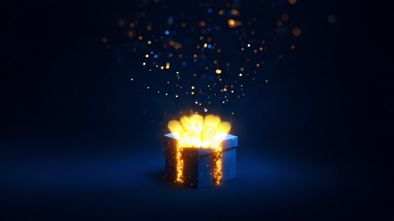 A Magical Gift Box Opening with Sparkling Lights and Glittering Particles Evokes Joy and Wonder, Creating an Enchanting Atmosphere of Celebration and Surprise