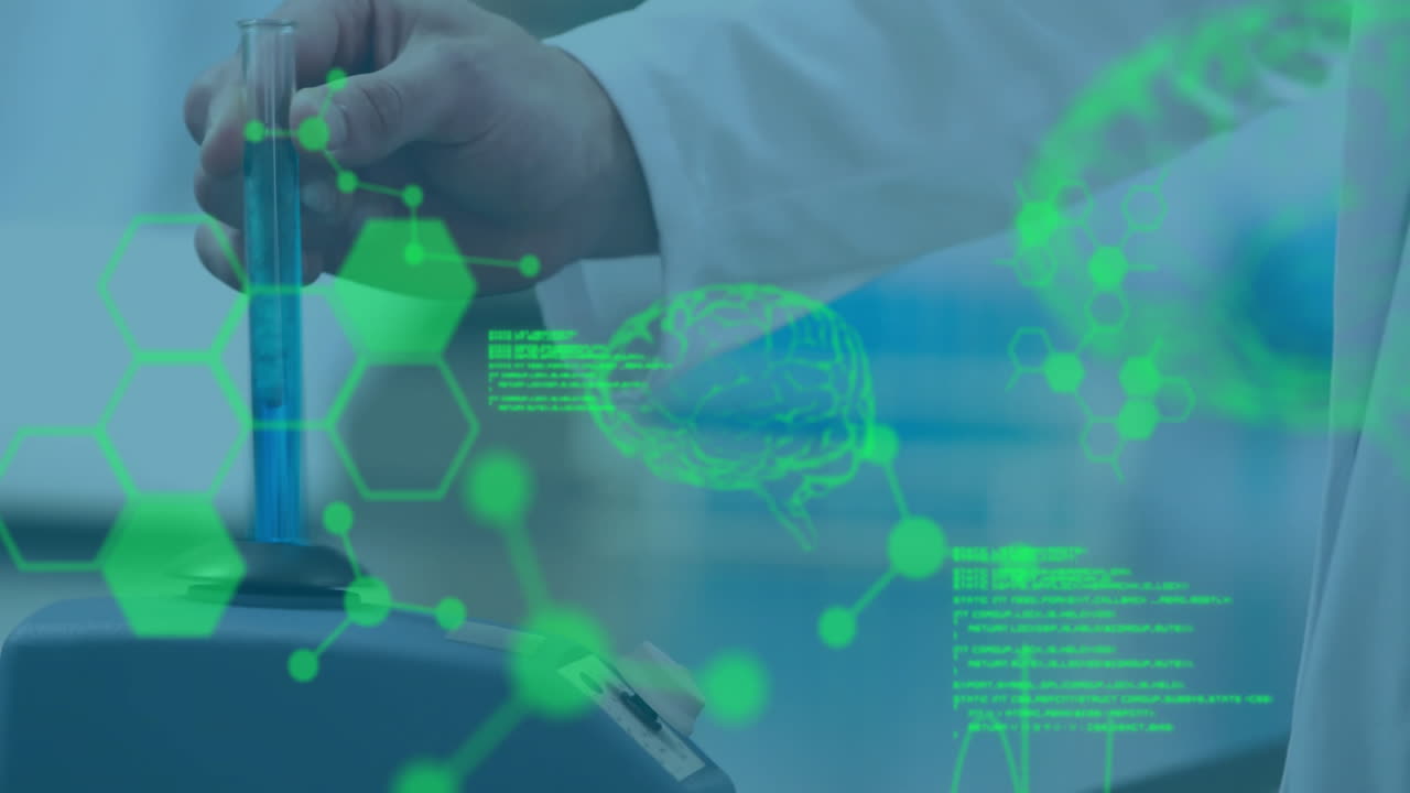 animación de procesamiento de datos científicos y cerebro humano sobre científico caucásico en el laboratorio