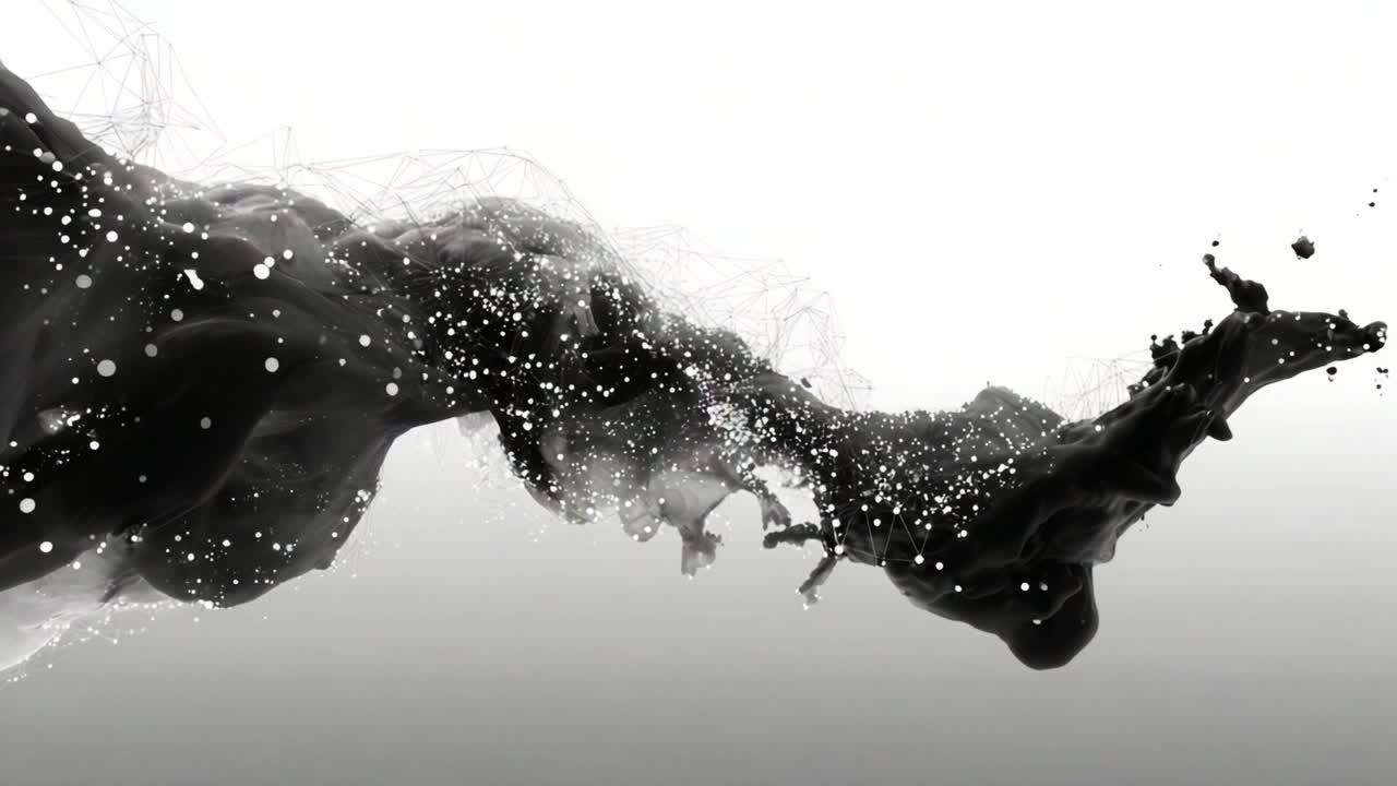 Exploring the Ethereal Dance of Abstract Fluid Dynamics: Captivating Black and White Waves Intertwined with Sparkling Particles and Digital Mesh Patterns