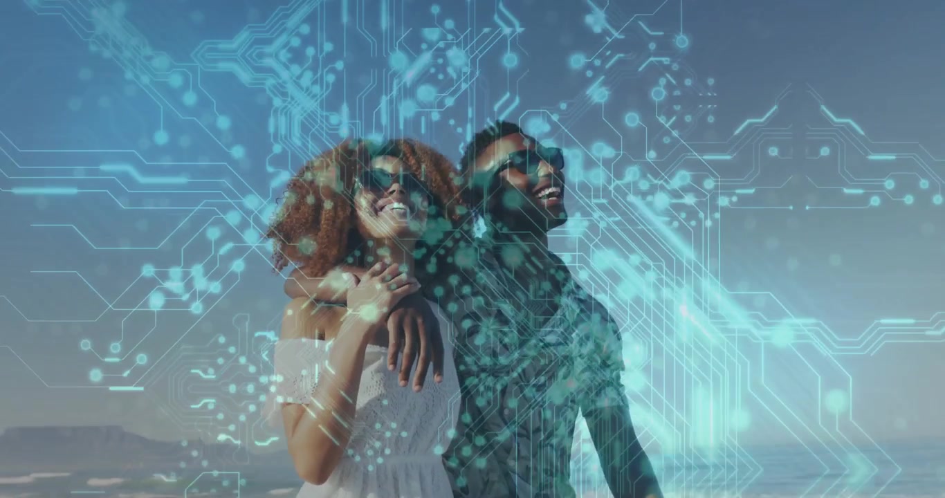Happy Couple Embracing on Beach with Digital Circuit Overlay
