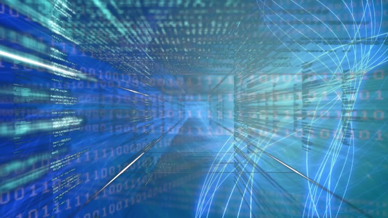 Animation of numbers, lights, tunnel with data and binary code
