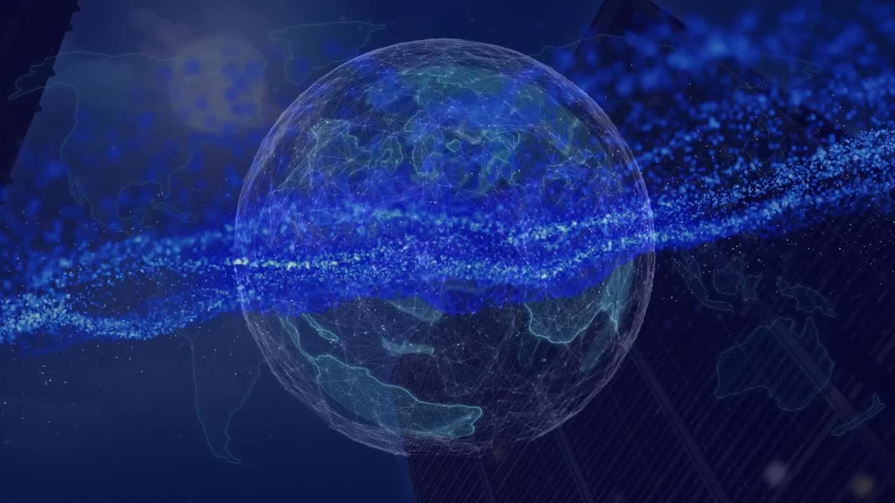 Animation of blue glitter over rotating globe