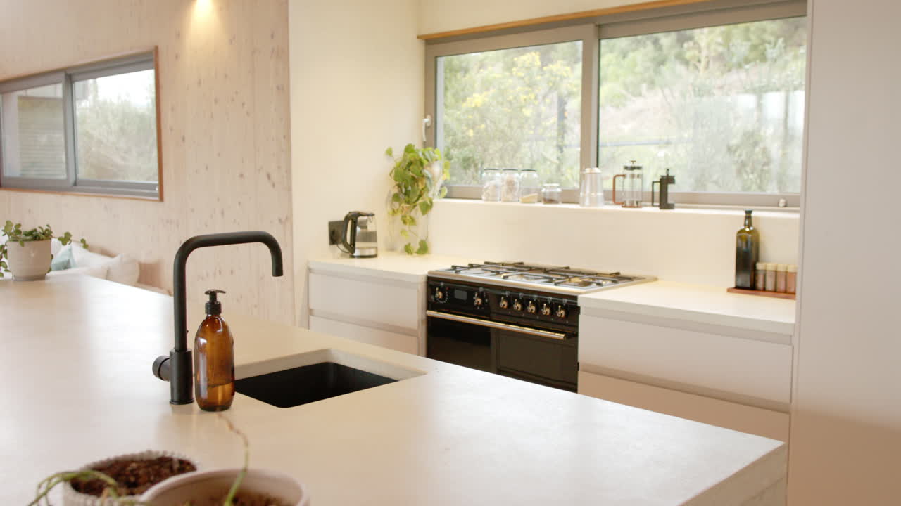 Modern kitchen with sleek appliances and plants, creating cozy holiday atmosphere, copy space